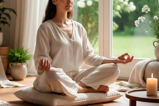 Женщина медитирует в домашней обстановке